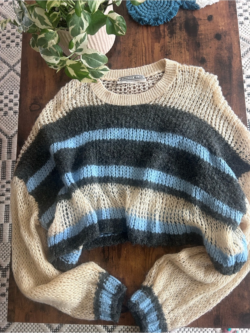 Kimchi Blue Striped Knit Cropped Sweater - Beige, Blue & Gray